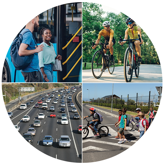 Collage de transporte de personas subiendo a un autobús, cruzando la calle a pie, en bicicleta y en coche